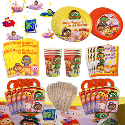 Super Why! Party In A Box Complete Party Kit: 8 Plates, 8 Dessert Plates, 20 Napkins, 8 Cups, 8 Favor Boxes, 24 Utensils, 1 Tablecloth, & 1 77" Banner - All Characters Included!